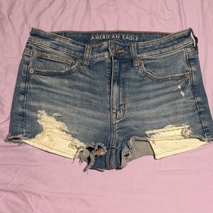 American Eagle Outfitters Distressed Lace-Trim Denim Shorts - Medium Blue
